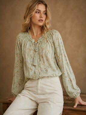 Floral Tassel Tie Mint Green LoveShackFancy Style Peasant Top - Women